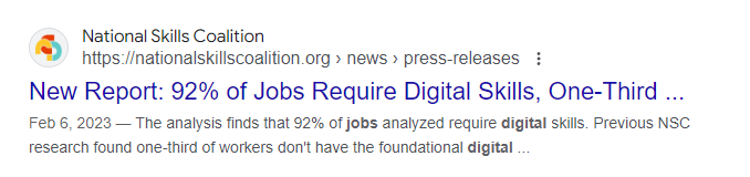 National Skills Coaltion analyzed that 92% of jobs require digital skills. 