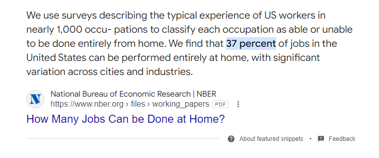 National Bureau of Economic Research found that 37% of jobs in the United States can be done at home. 